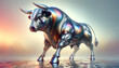 Y2K-inspired Bull Market: Powerful metallic bull symbolizing thriving financial market.