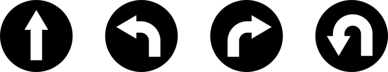 Poster - Go Straight This Way One Way Only U Turn Left and Right Black and White Arrow Round Circle Traffic Sign Direction Icon Set. Vector Image.