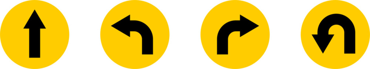 Poster - Go Straight This Way One Way Only U Turn Left and Right Yellow and Black Arrow Round Circle Traffic Sign Direction Icon Set. Vector Image.