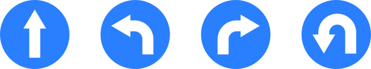 Poster - Go Straight This Way One Way Only U Turn Left and Right Blue and White Arrow Round Circle Traffic Sign Direction Icon Set. Vector Image.