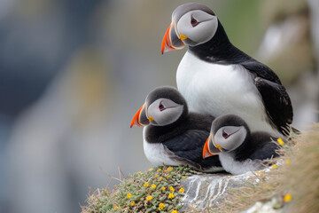 Wall Mural - a penguin with her cub, mother love and care in wildlife scene