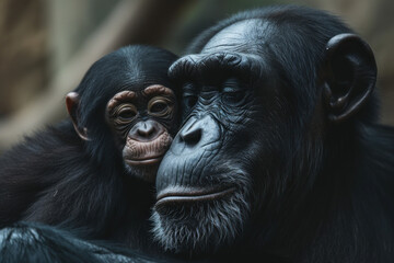 Wall Mural - A chimpanzee with her cub, mother love and care in wildlife scene