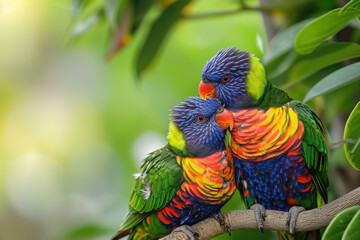 Wall Mural - a rainbow lorikeet with her cub, mother love and care in wildlife scene