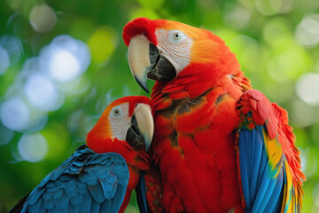 Wall Mural - a scarlet macaw with her cub, mother love and care in wildlife scene