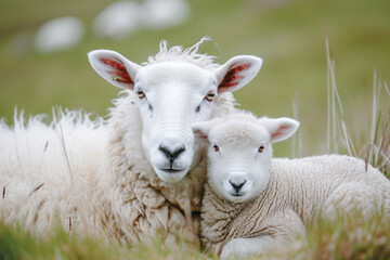 Wall Mural - A sheep with her cub, mother loves and cares in everyday life