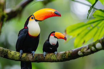 Wall Mural - A Toucan with her cub, mother love and care in wildlife scene