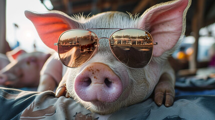 Wall Mural - Portrait of a pig wearing sunglasses. Piglet resting on the green meadow. AI Generative