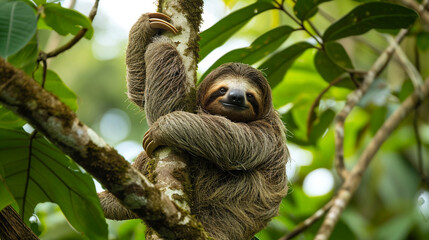 Wall Mural - Funny sloth hanging on tree branch, cute face look, perfect portrait of wild animal. AI Generative