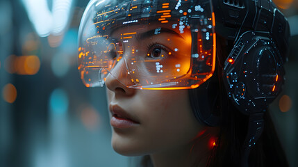 Wall Mural - Asian woman in Technology and AI Revolutionizing Digital Innovation Worldwide. Female Engineer Navigating the artificial intelligence Landscape of Explore the Future, Tomorrow, and Futuristic Concept.