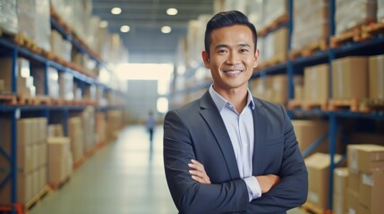 Portrait of a happy confident male warehouse manager standing in a distribution warehouse with his management expertise in logistics and supply chain