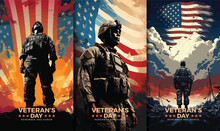 Veterans Day Illustrations Background Design With American Flag And Silhouette Of Soldier	
