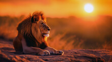 Majestic Male Lion Resting On A Rock With A Warm Sunset Backdrop In The Savannah