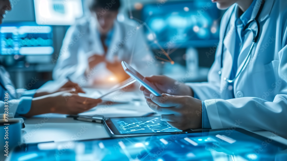 Medical team reviewing patient data on digital devices in a high-tech ...