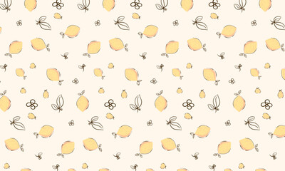 Wall Mural - Seamless pattern with lemons and flowers. Hand drawn vector illustration.