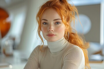 Red-haired woman in a turtleneck, poised and serene in a bright interior