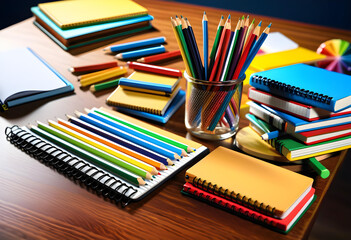 School Supplies, Education, Learning, Stationery, Classroom, Back to School, Pens, Pencils, Books, Notebooks, Crayons, Backpack, Ruler, Eraser, Calculator, AI Generated