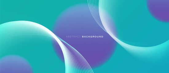 Leinwandbilder - Abstract green background with purple 3d Spheres and geometric circle white lines. Modern minimal trendy shiny lines pattern. Vector illustration