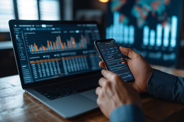 Poster - Close-up of a professional analyzing financial statistics on a smartphone synchronized with a laptop screen.