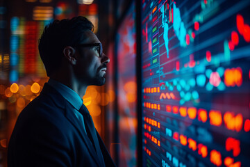 Poster - A businessman in a dark suit stands focused on a large screen displaying dynamic stock market data.
