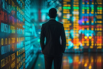 Poster - Rear view of a business executive contemplating illuminated financial market trends on a digital display.