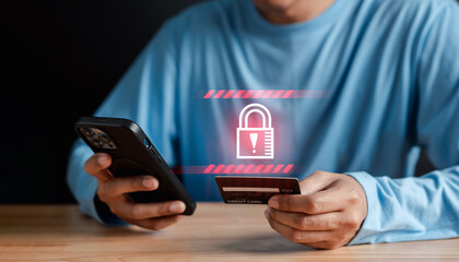 Poster - System warning caution sign on smartphone, scam virus attack on firewall for notification error and maintenance. Network security vulnerability, data breach, illegal connection and information danger.