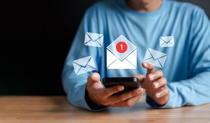 Poster - Businessman sending email by laptop computer to customer, business contact and communication, email icon, email marketing concept, send e-mail or newsletter, online working internet network.