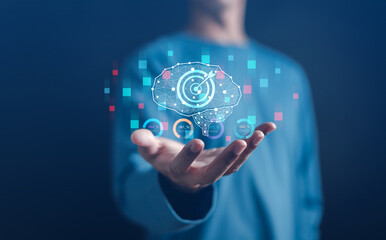 Poster - Businessman holding virtual hologram brain and target objective with ai technology for plan, thinking business strategy development leadership and customer target group concept
