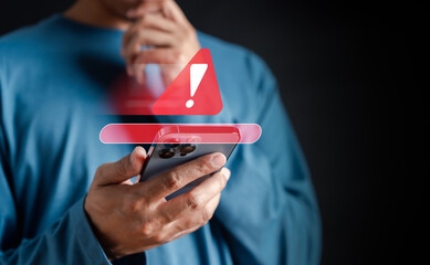 Poster - System warning caution sign on smartphone, scam virus attack on firewall for notification error and maintenance. Network security vulnerability, data breach, illegal connection and information danger.