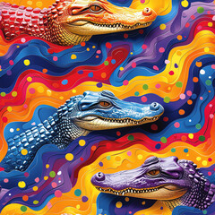  Crocodiles line art pop art cartoon colorful repeat pattern, vibrant bright party funky kawaii