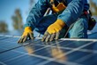 © Autaporn - A close-up photo capturing the hands of installers securing a solar panel.