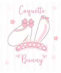 Wall Mural - Cute Coquette bunny ears with bow Cartoon, sweet Retro Happy Easter spring animal.