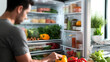 Man Selecting Fresh Vegetables from a Fully Stocked Refrigerator