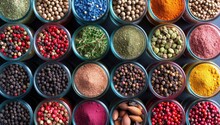 Colorful Spices And Herbs In Glass Jars, Top View. Food Background