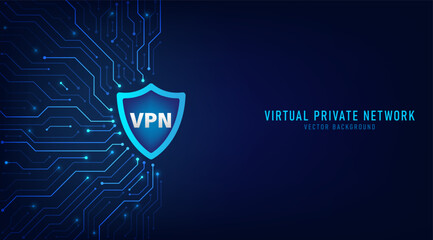 Virtual private network. Security wifi internet and Private network concept. Personal privacy protection. VPN symbol on the circuit board. Vector illustration on blue background.