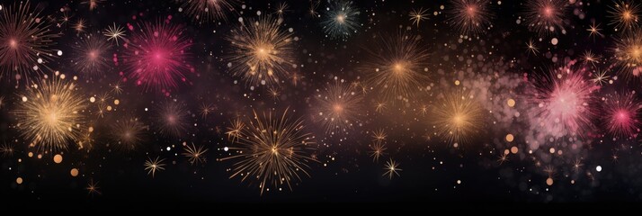 A new year eve themed dark background with fireworks and pinks and golds