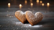 Homemade Ginger Cookies In The Shape Of A Heart In Red Icing Sugar. Delicious Ginger Cookies Heart On A Gray Concrete Background. Freshly Baked Gingerbread Cookies For Valentine's Day