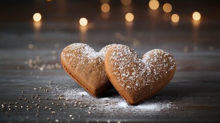 Homemade ginger cookies in the shape of a heart in red icing sugar. Delicious ginger cookies heart on a gray concrete background. Freshly baked gingerbread cookies for Valentine's Day