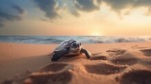 Little Sea Turtle On The Sandy Beach In Morning Time