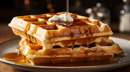 Wall Mural - A stack of fluffy waffles with a drizzle of sweet syrup