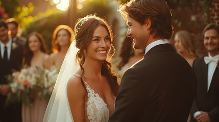 Wall Mural - A couple holding hands and smiling through tears of happiness as they exchange vows on their wedding day, surrounded by friends and family