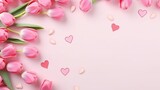 Fototapeta Mapy - Pink tulips and hearts on background with confetti. Valentines day, womens day concept. Top view, flat lay
