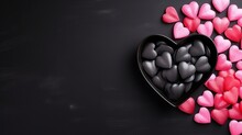 Pink Tulip Flower Heart Shaped Candy On Black Plate On Black Background. Valentines Day, Womens Day Concept. Top View