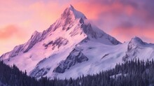 A Snowy Mountain Peak With A Pink Sunset Glow