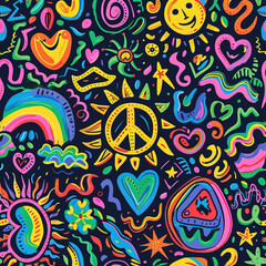 Wall Mural - Hippie peace and love colorful cartoon doodles 1970s 1960s 60s groovy rainbow psychedelic cute abstract repeat pattern