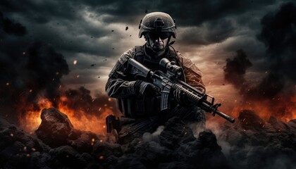 Soldier in a dark and dramatic scene with rifles and explosions hd wallpaper