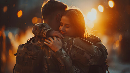 Wall Mural - American serviceman coming back home after serving his country in the military	