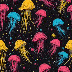 Jellyfish colorful cartoon underwater repeat pattern artsy pop art, medusa repetitive