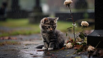 Wall Mural - Sad kitten in cemetery in the rain