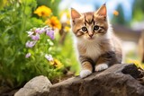 Fototapeta Koty - Cute kitten sitting outdoors staring at camera