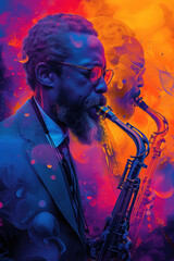 Wall Mural - Abstract poster art for a jazz music performance with a man and a saxophone with a reflection in orange and blue.